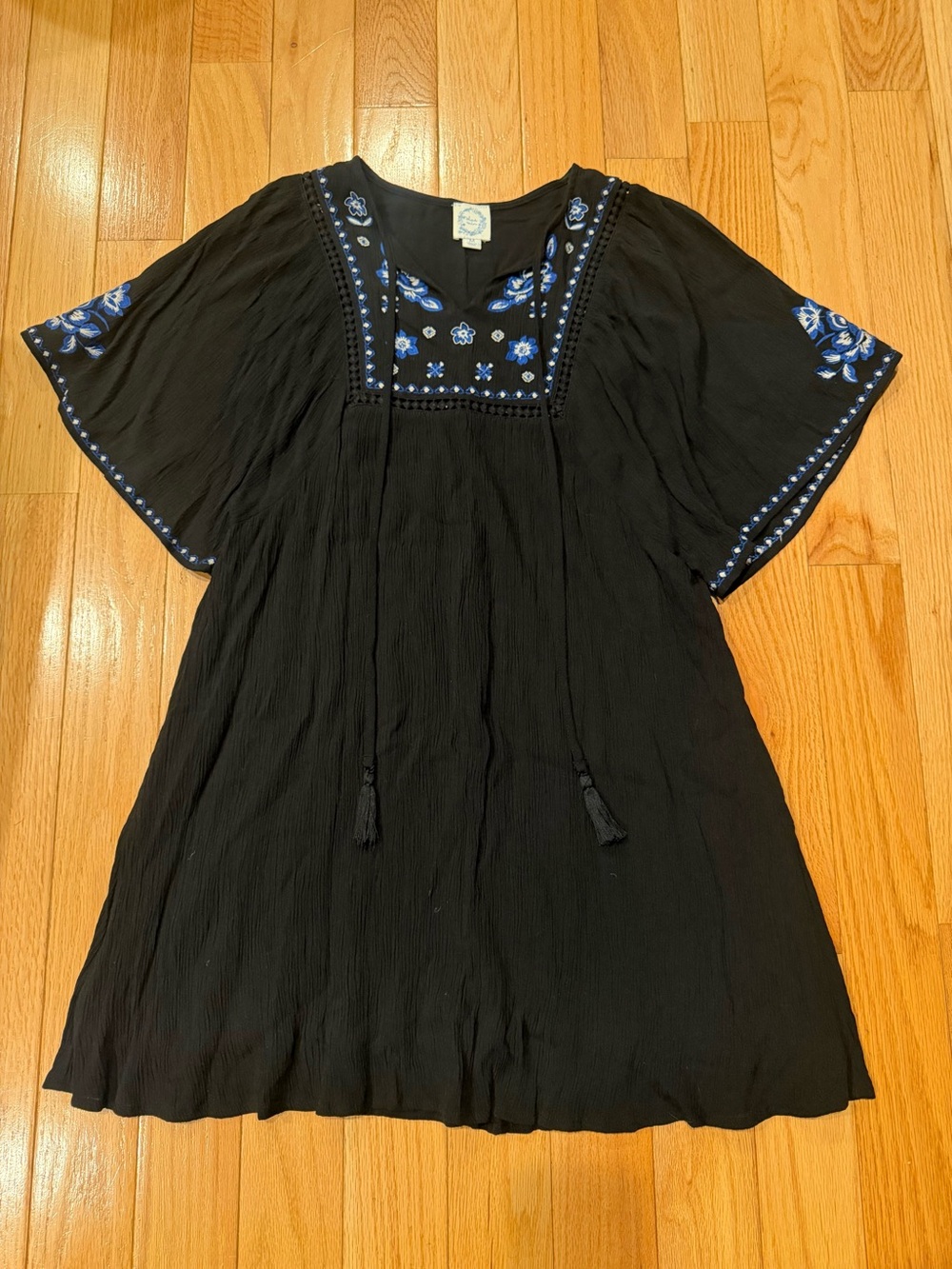Blue Rain Black Mini Dress with Blue Embroidered Accents